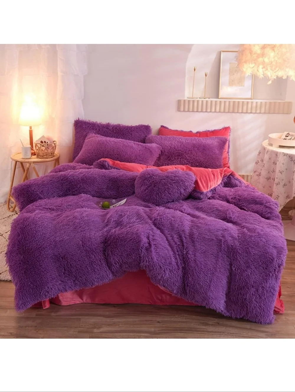 NWOT Plush Faux Fur Purple/Red Duvet Set Queen Size